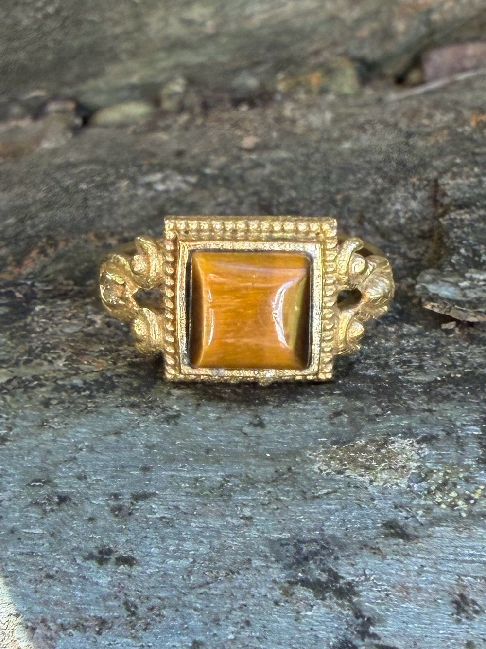 Genuine Tiger’s Eye Square Gemstone Gold Ring